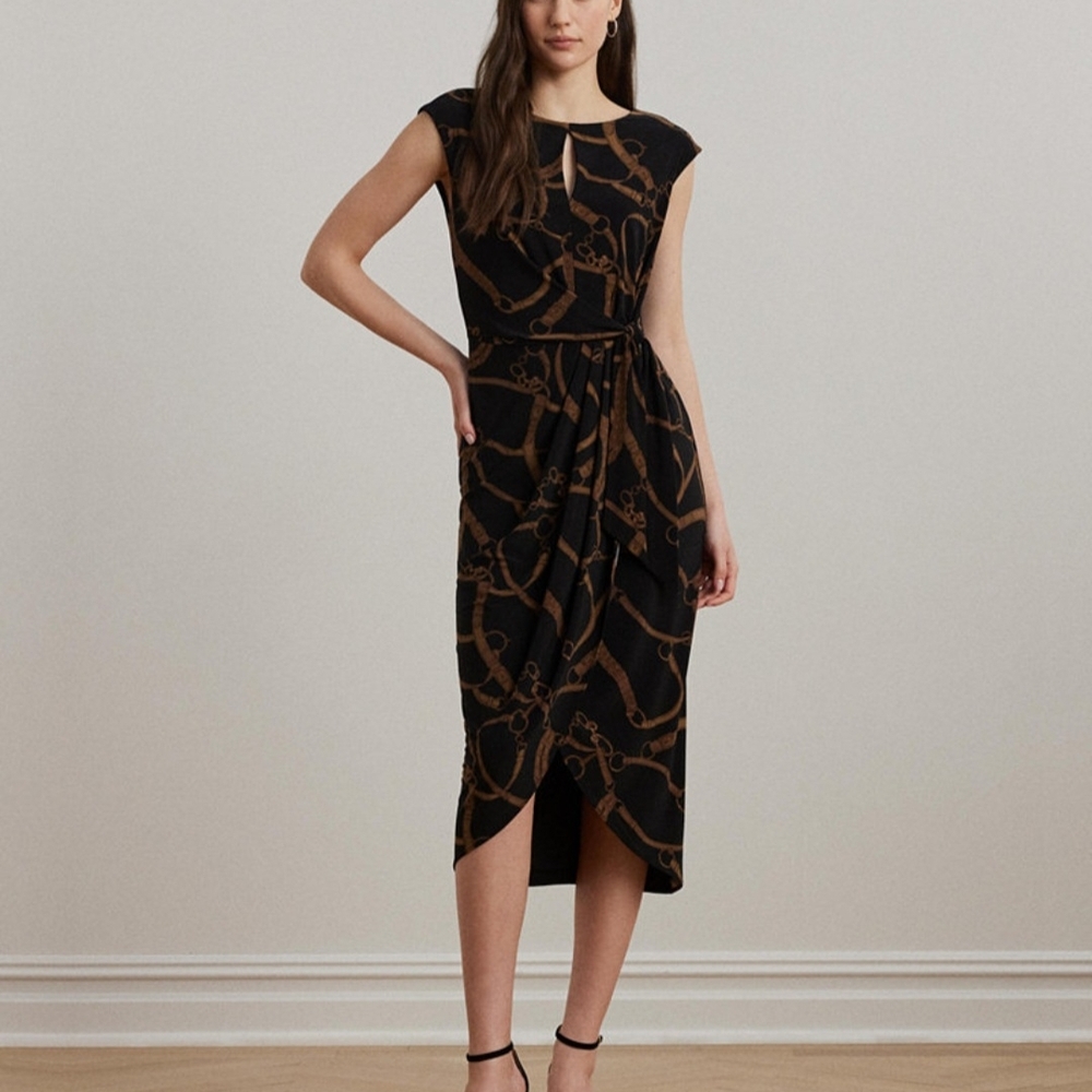 Lauren Ralph Lauren Women's Belting-Print Jersey Tie-Front Dress Black-Tan 4 #A1
